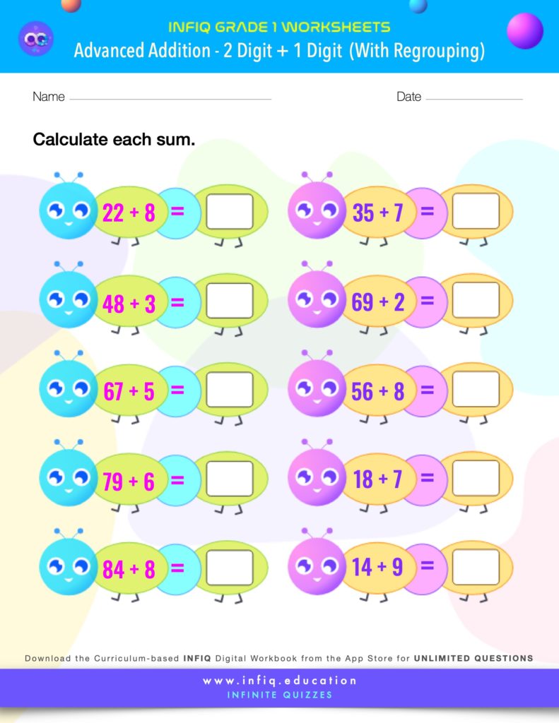 Grade 1 - 2 Digit + 1 Digit – With Regrouping Worksheet