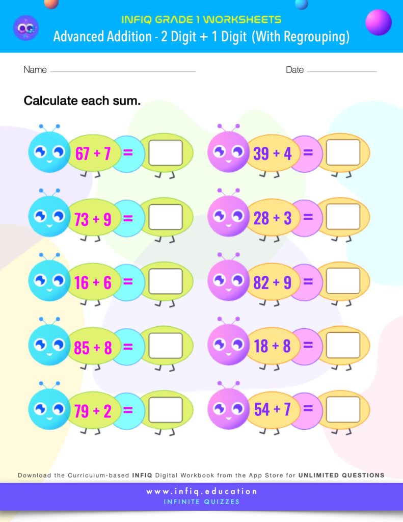Grade 1 - 2 Digit + 1 Digit – With Regrouping Worksheet