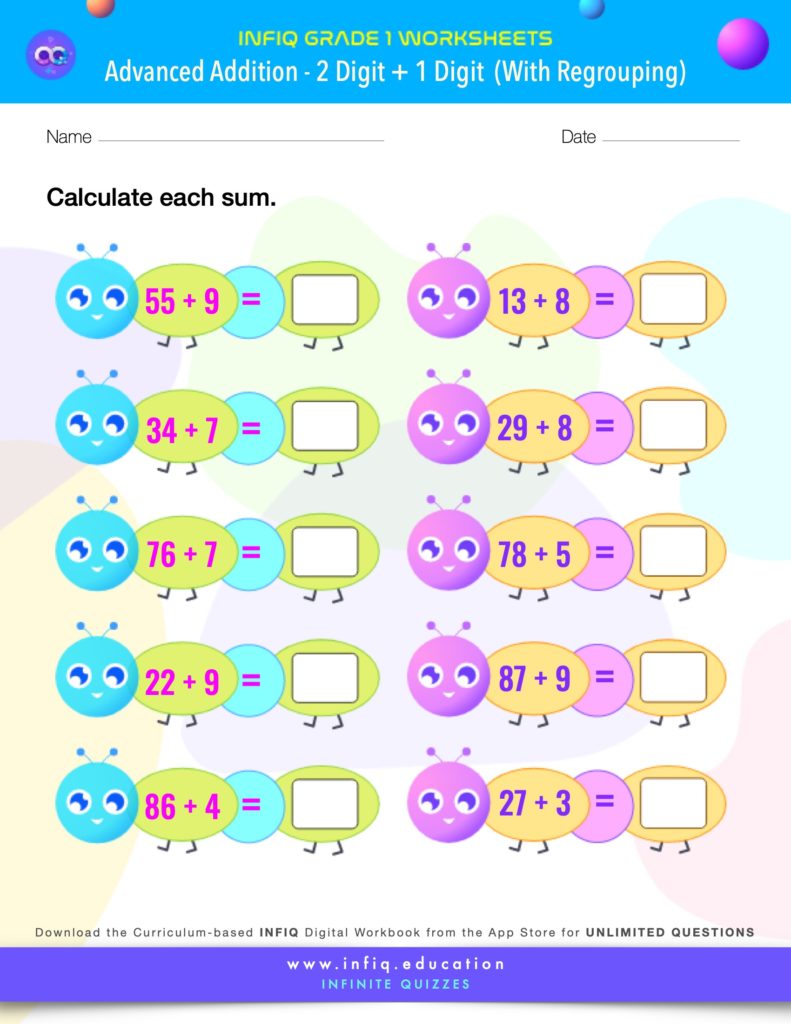 Grade 1 - 2 Digit + 1 Digit – With Regrouping Worksheet