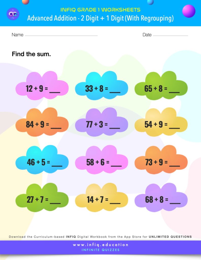 Grade 1 - 2 Digit + 1 Digit – With Regrouping Worksheet