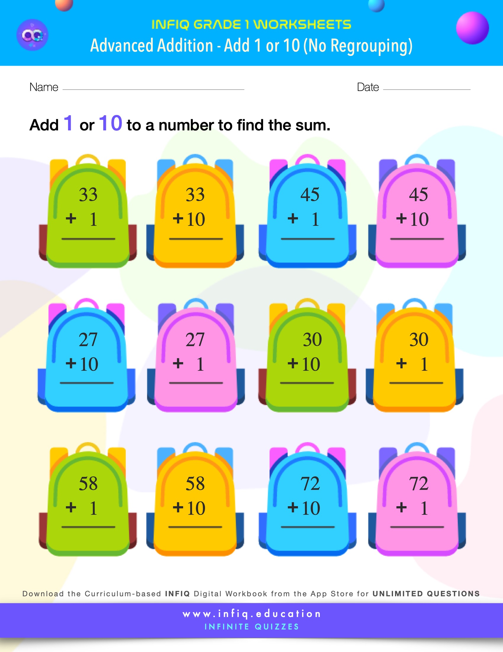 INFIQ | GRADE 1 Math Worksheets- Advanced Addition - Add 1 or 10 – No ...