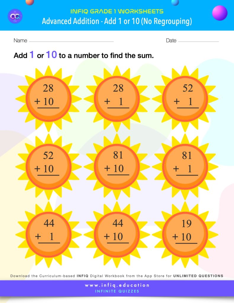 Grade 1 Add 1 or 10 – No Regrouping Worksheet