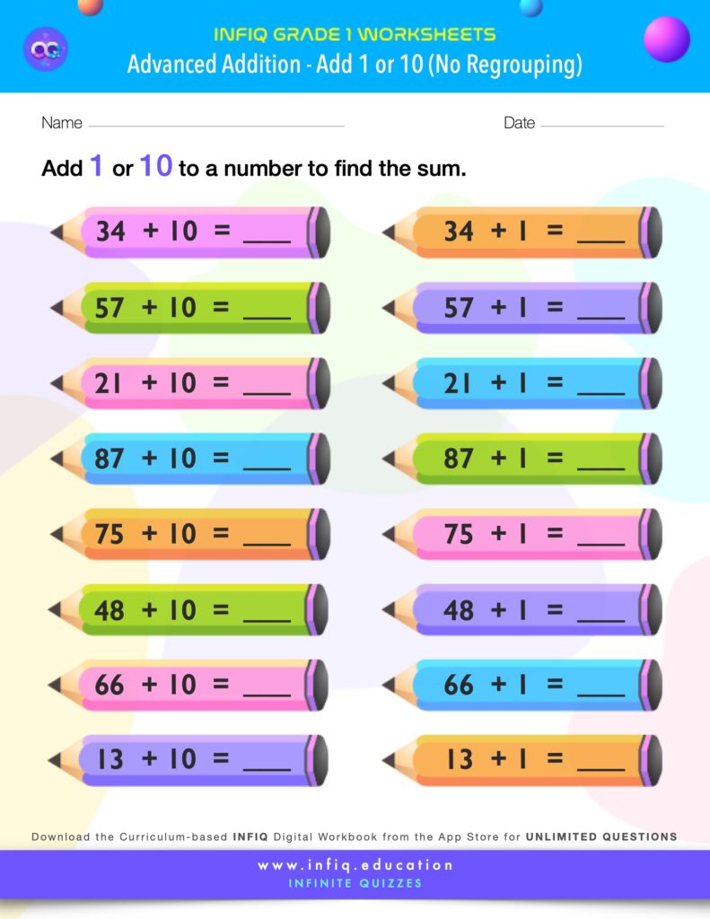 Grade 1 Add 1 or 10 – No Regrouping Worksheet