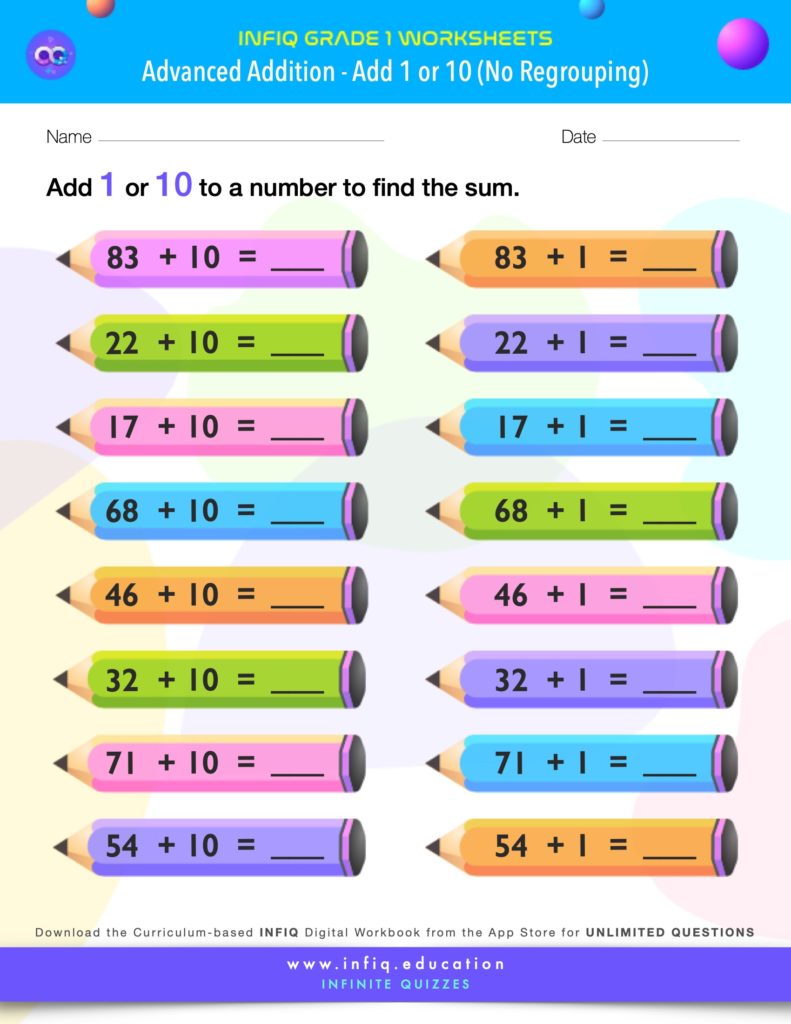 Grade 1 Add 1 or 10 – No Regrouping Worksheet