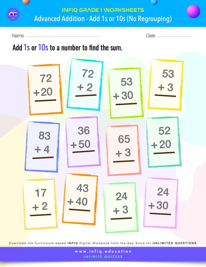 Grade 1 - Add 1s or 10s – No Regrouping Worksheets
