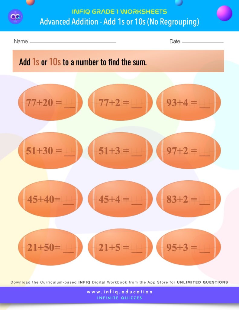 Grade 1 - Add 1s or 10s – No Regrouping Worksheets