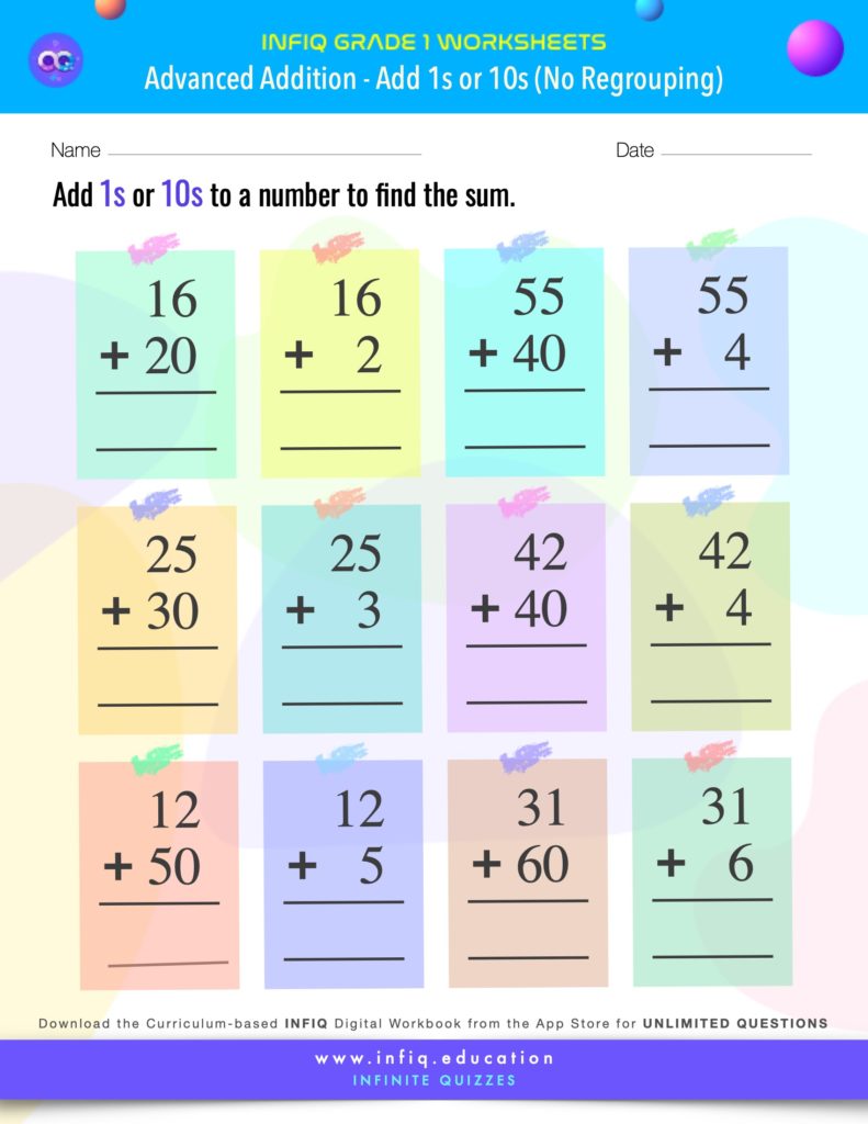 Grade 1 - Add 1s or 10s – No Regrouping Worksheets