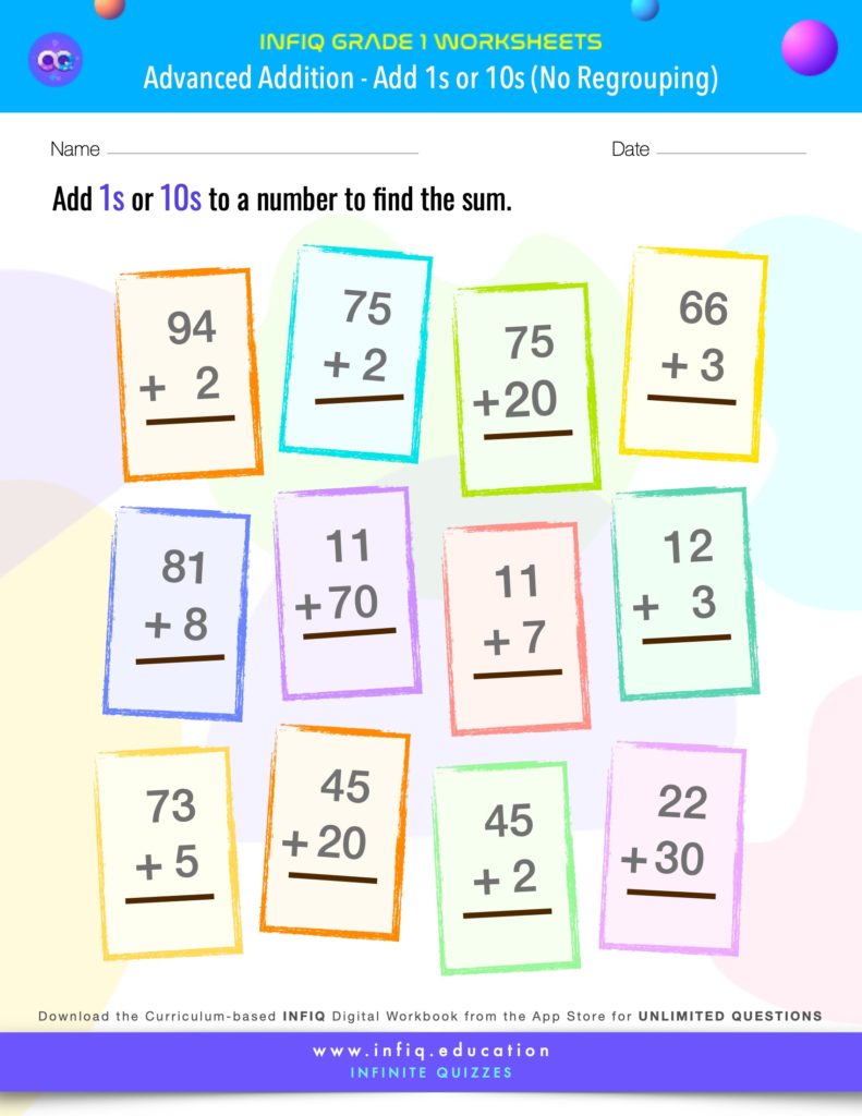 Grade 1 - Add 1s or 10s – No Regrouping Worksheets