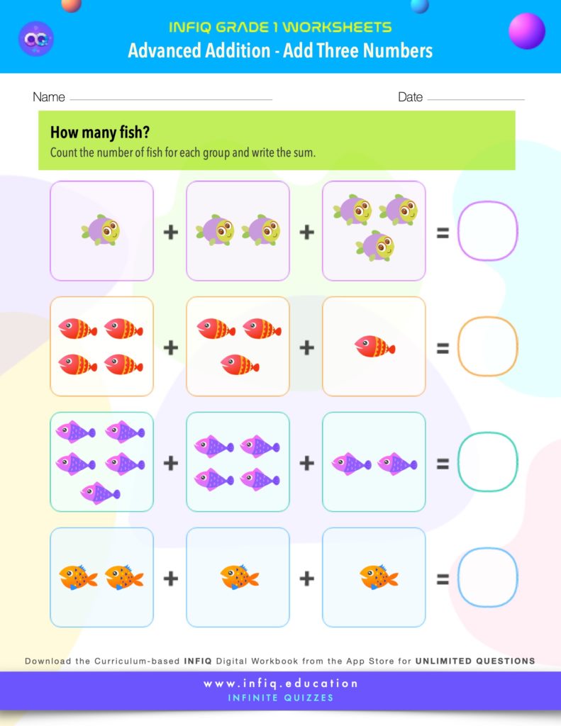 Grade 1 - Add Three Numbers Worksheet