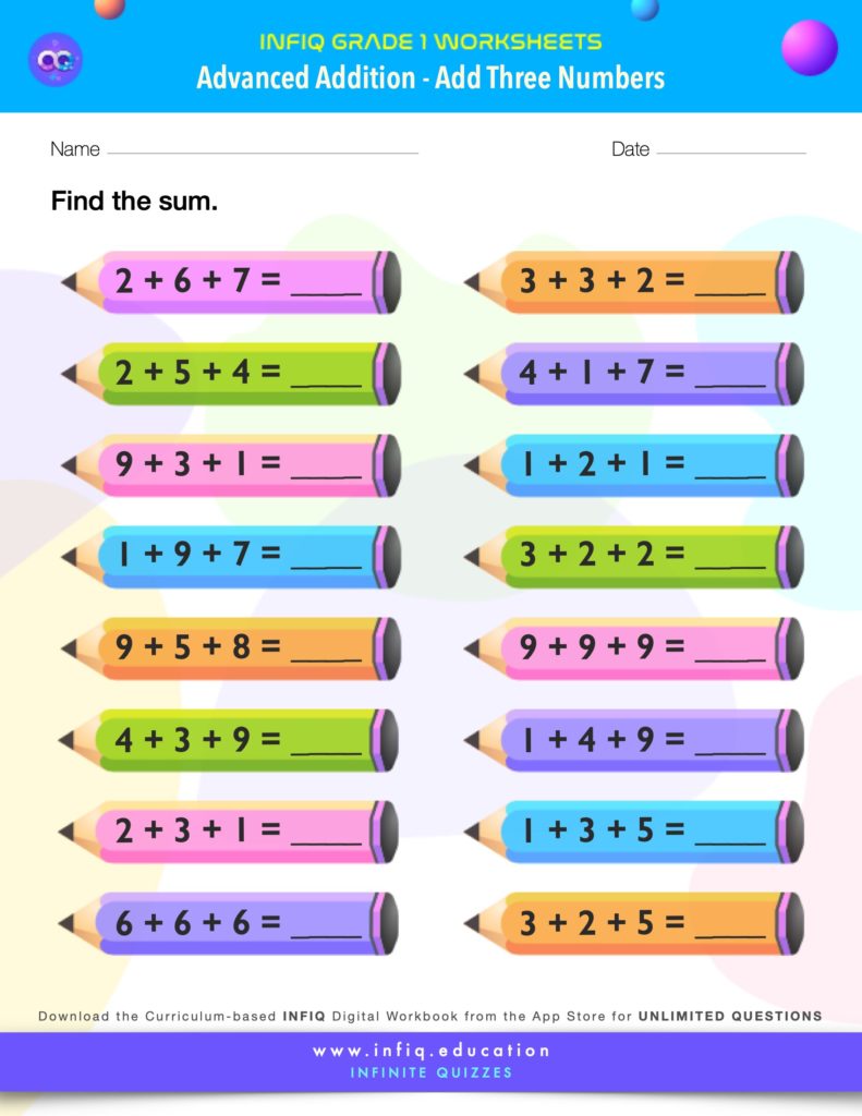 Grade 1 - Add Three Numbers Worksheet