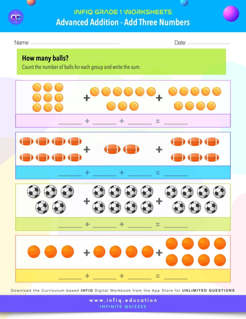 Grade 1 - Add Three Numbers Worksheet