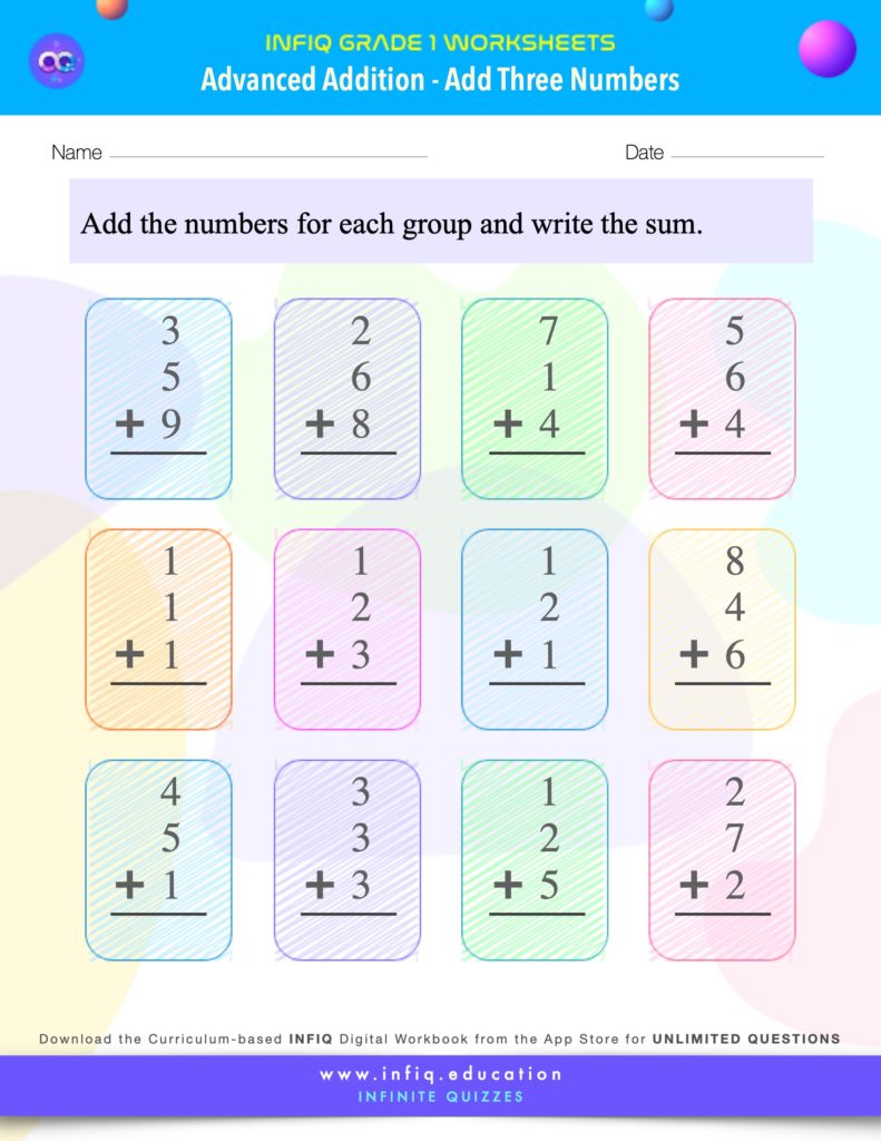 Grade 1 - Add Three Numbers Worksheet