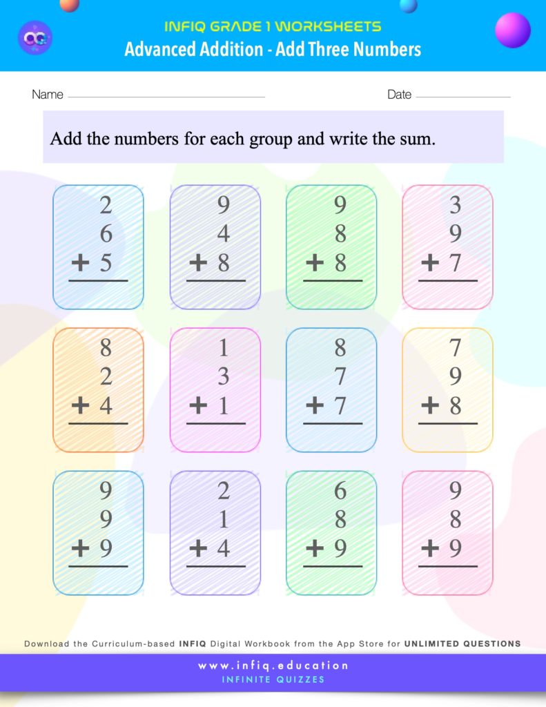 Grade 1 - Add Three Numbers Worksheet