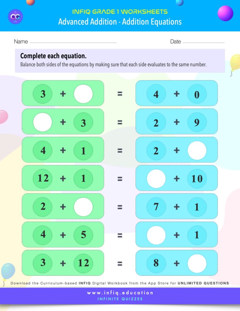 Grade 1 - Addition Equations Worksheet