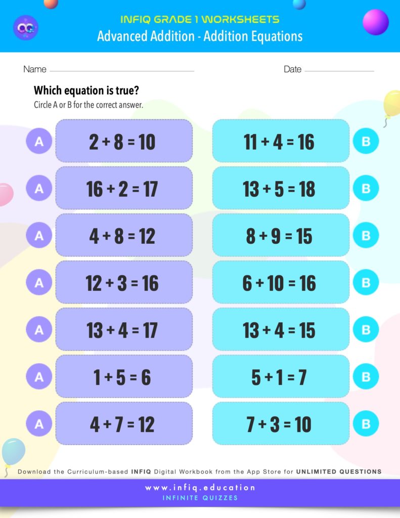 Grade 1 - Addition Equations Worksheet