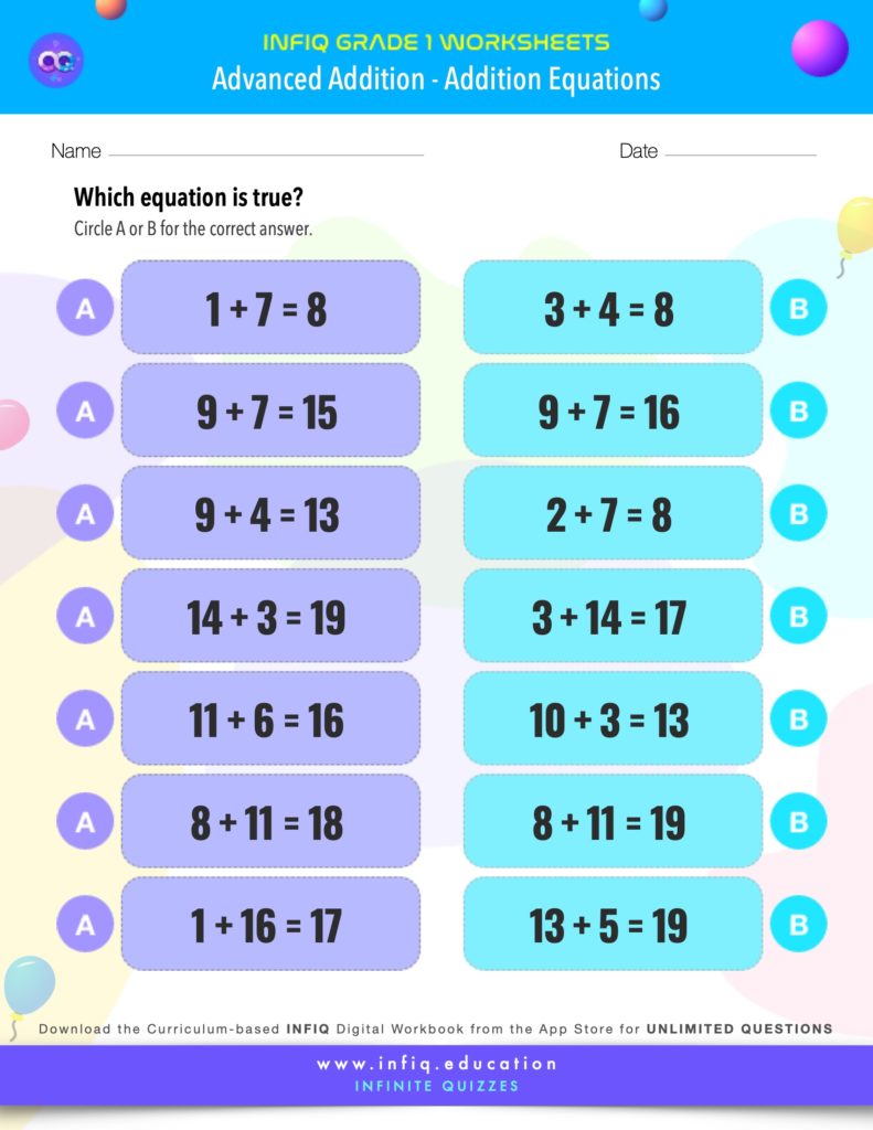 Grade 1 - Addition Equations Worksheet