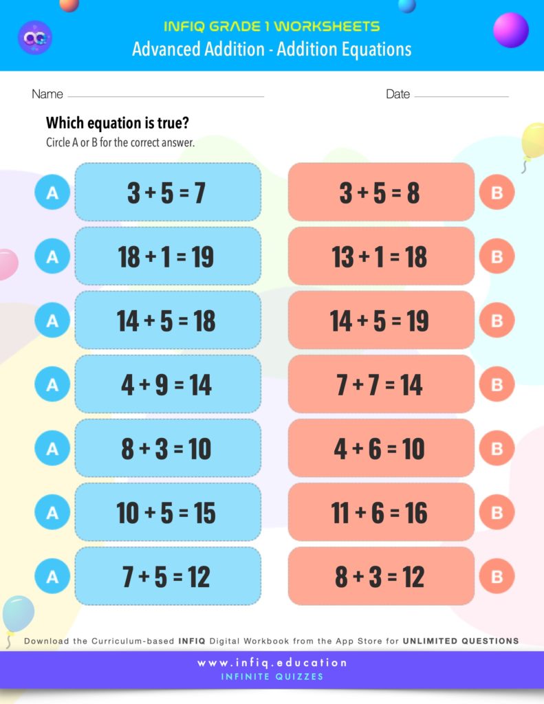 Grade 1 - Addition Equations Worksheet