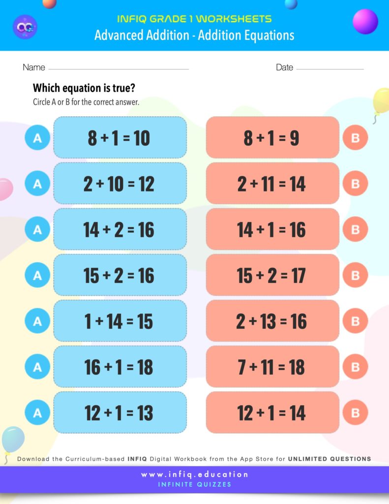 Grade 1 - Addition Equations Worksheet