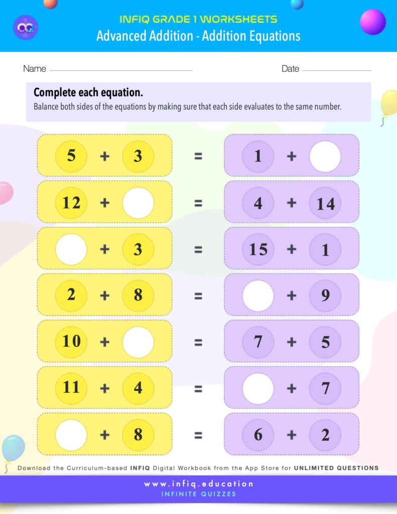 Grade 1 - Addition Equations Worksheet