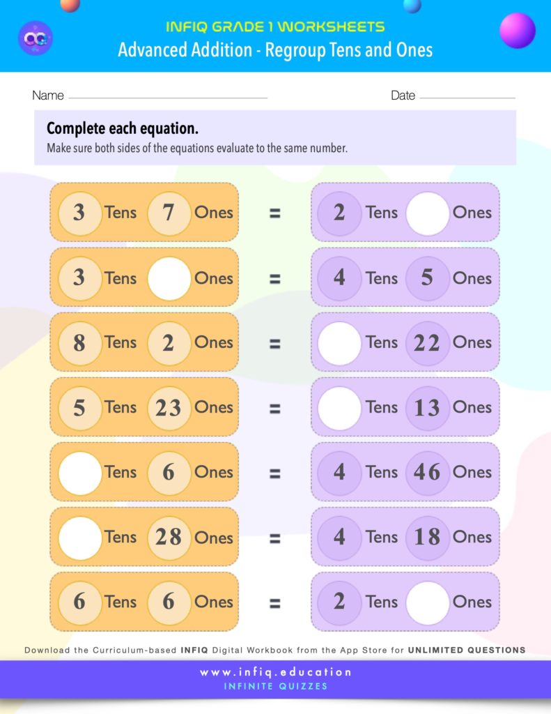 Grade 1 - Regroup Tens and Ones Worksheet