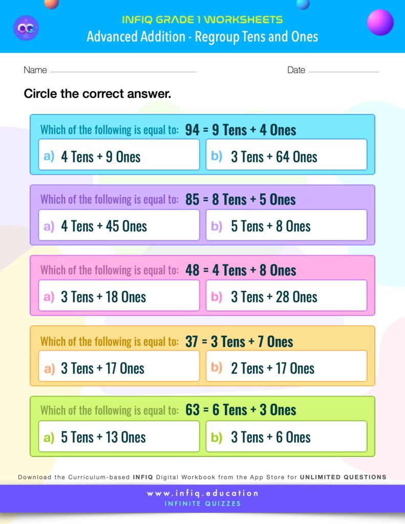 Grade 1 - Regroup Tens and Ones Worksheet