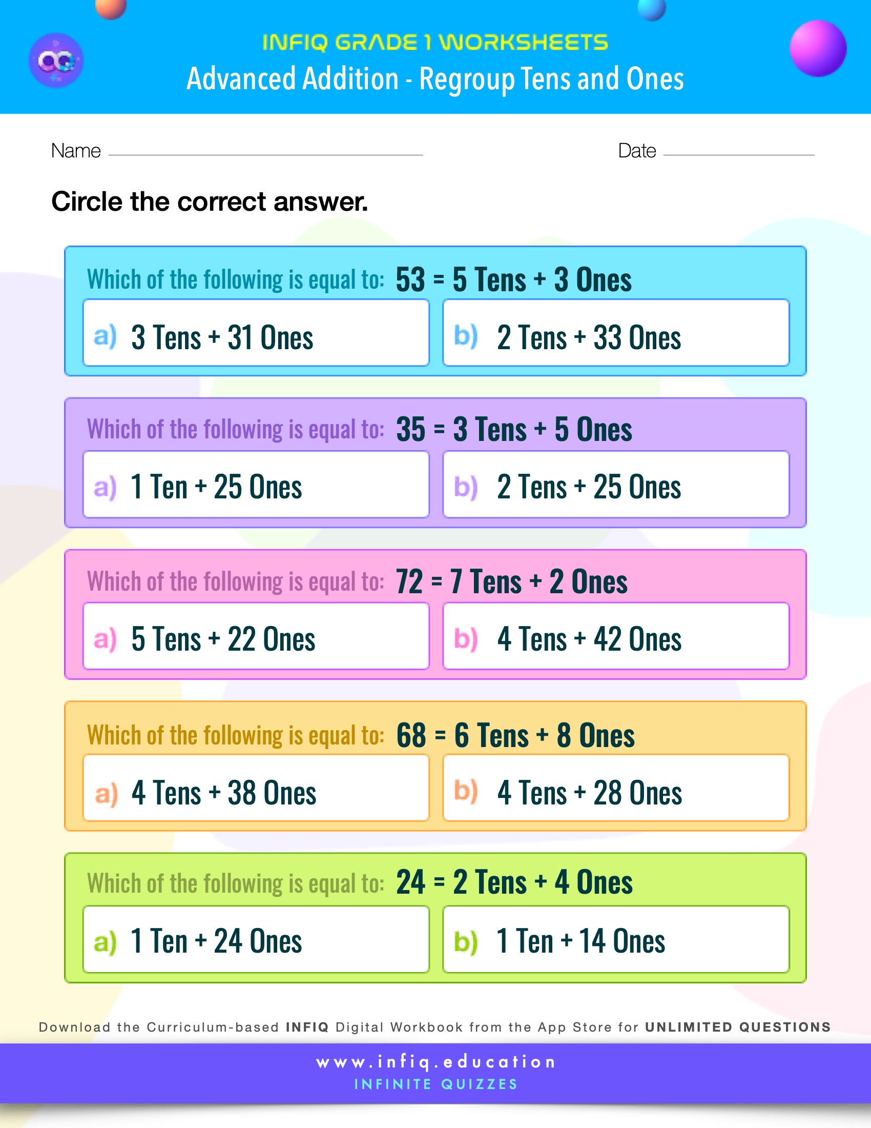 Grade 1 - Regroup Tens and Ones Worksheet
