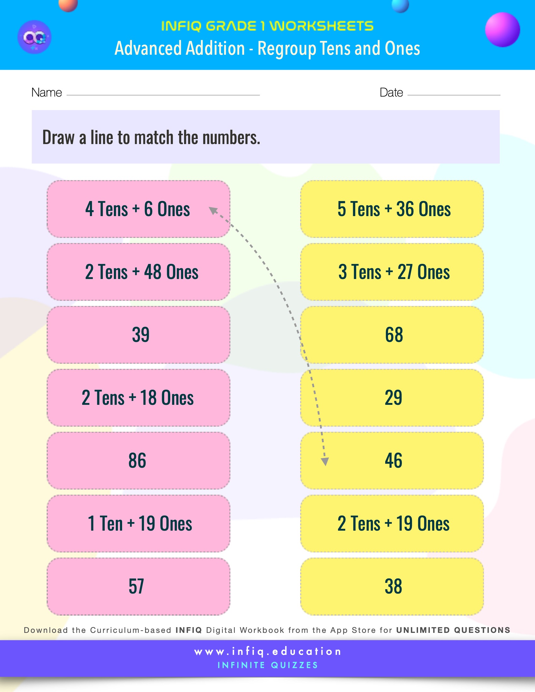INFIQ | GRADE 1 Math Worksheets- Advanced Addition - Regroup Tens and Ones