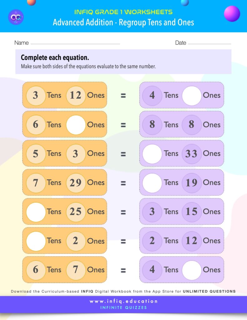 Grade 1 - Regroup Tens and Ones Worksheet