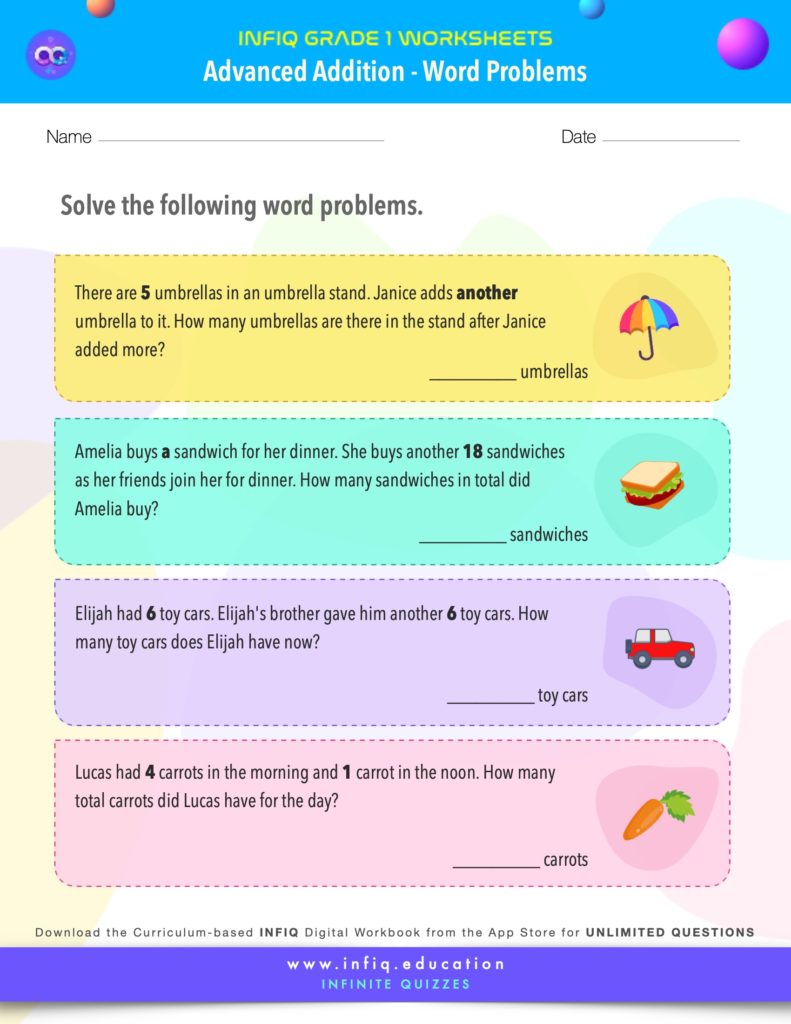 Grade 1 - Addition Word Problems Worksheet