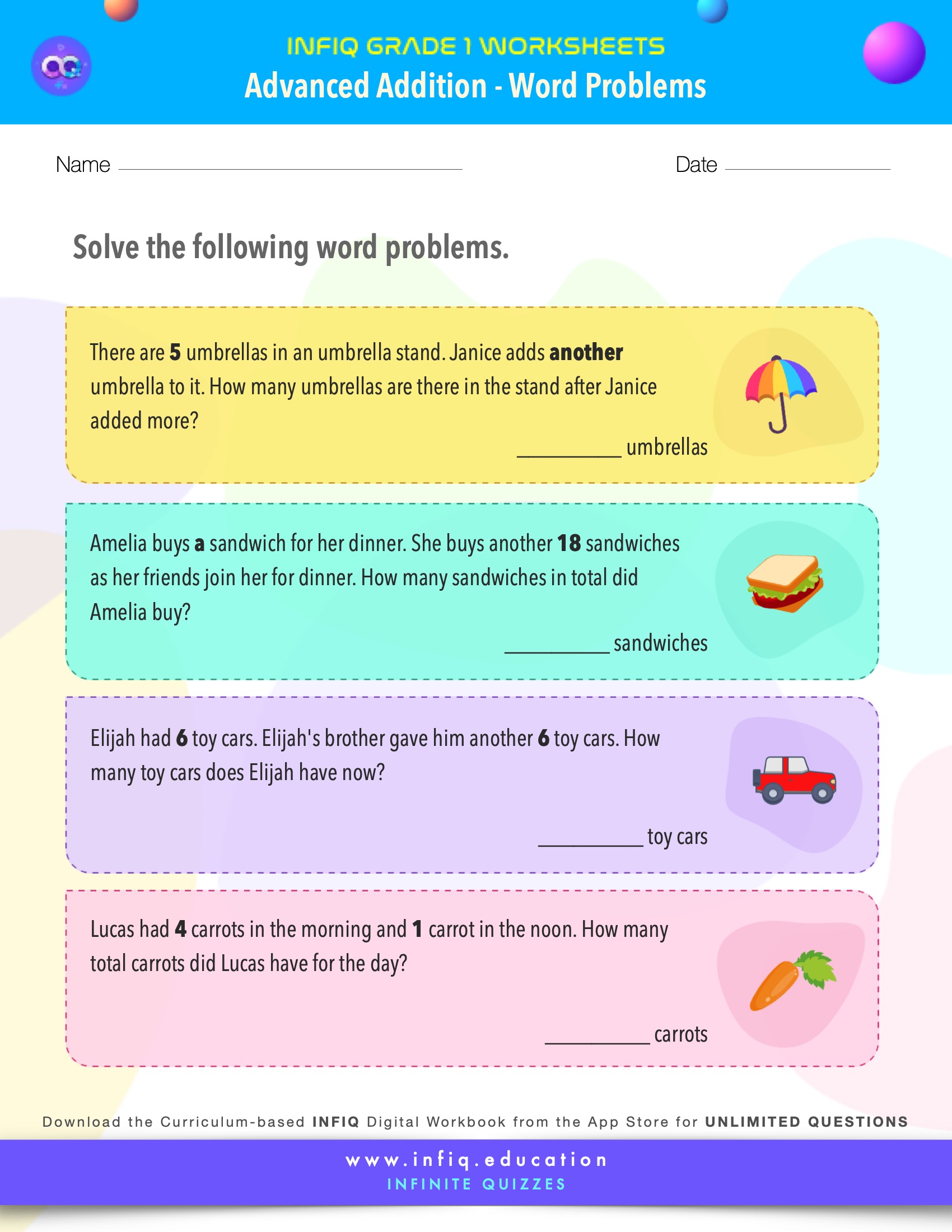 Grade 1 - Addition Word Problems Worksheet