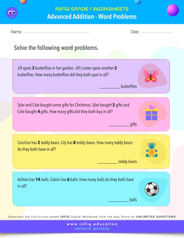 INFIQ | GRADE 1 Math Worksheets- Advanced Addition - Word Problems