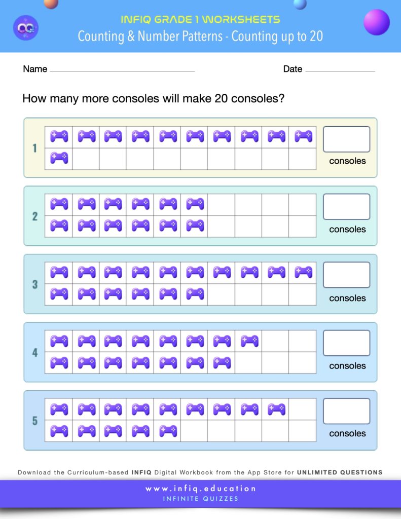 Grade 1 Math Worksheet - Counting & Number Patterns - Counting up to 20