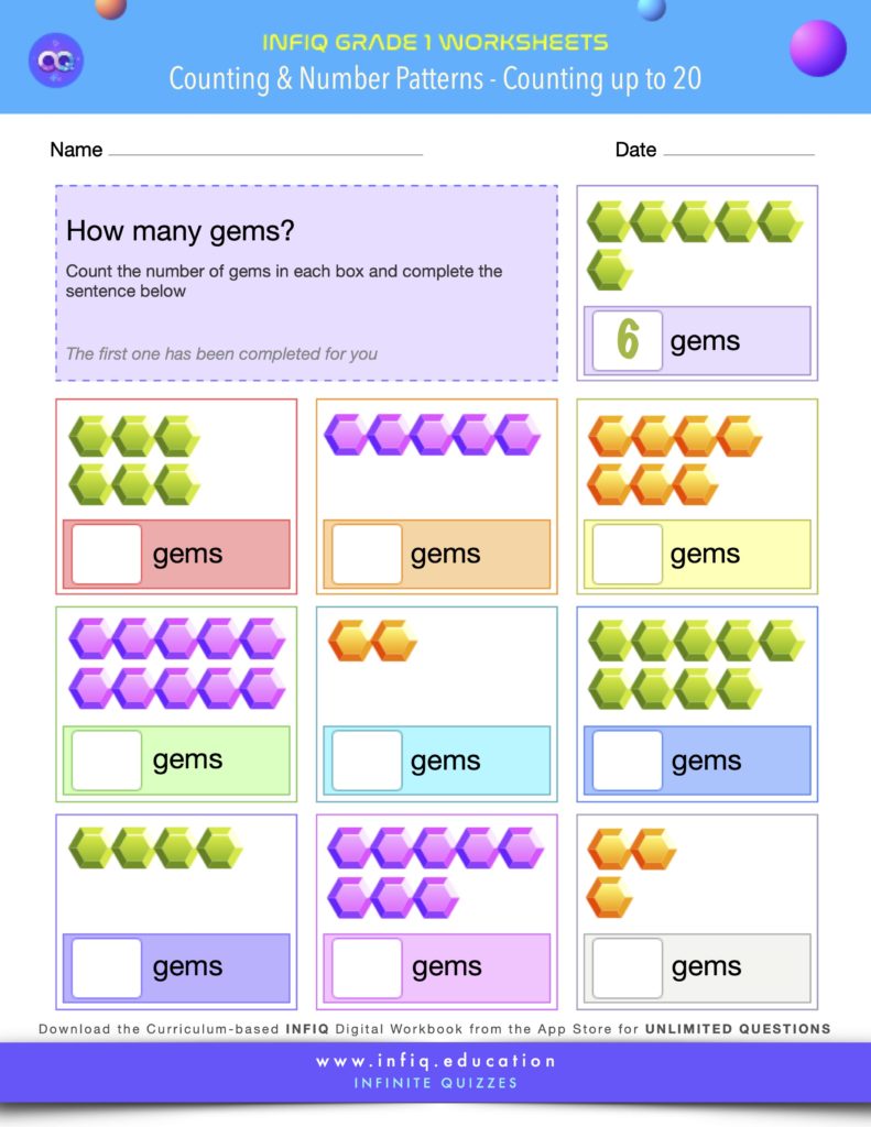 Grade 1 Math Worksheet - Counting & Number Patterns - Counting up to 20