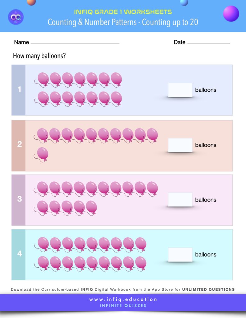 Grade 1 Math Worksheet - Counting & Number Patterns - Counting up to 20