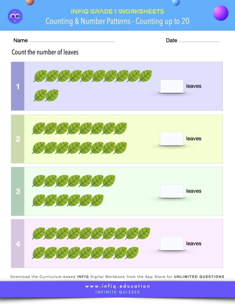 Grade 1 Math Worksheet - Counting & Number Patterns - Counting up to 20