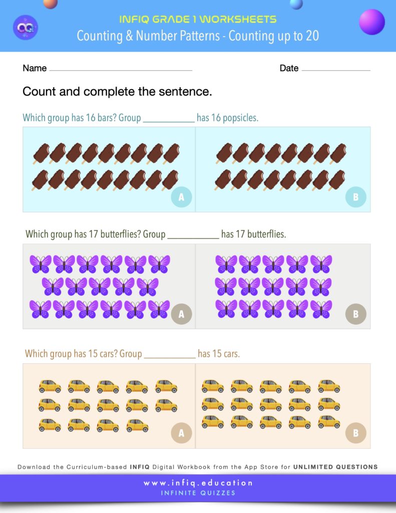 Grade 1 Math Worksheet - Counting & Number Patterns - Counting up to 20