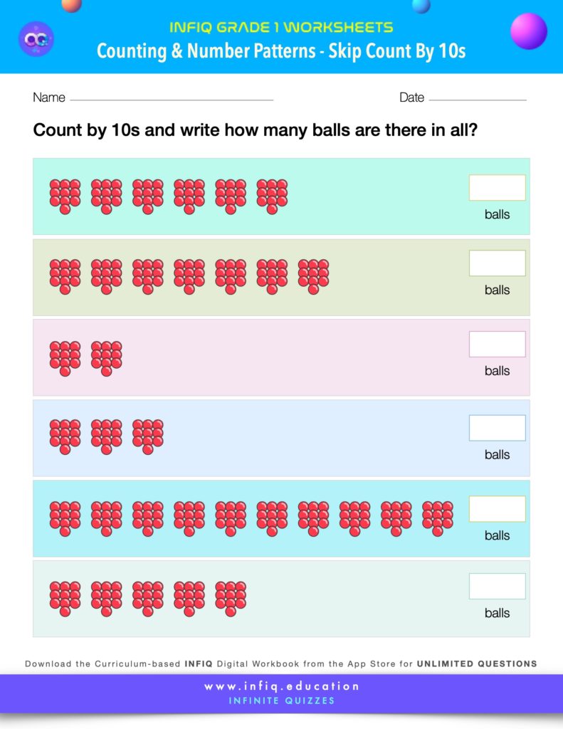 Grade 1 Math Worksheet - Counting & Number Patterns - Skip Count By Tens (using models)
