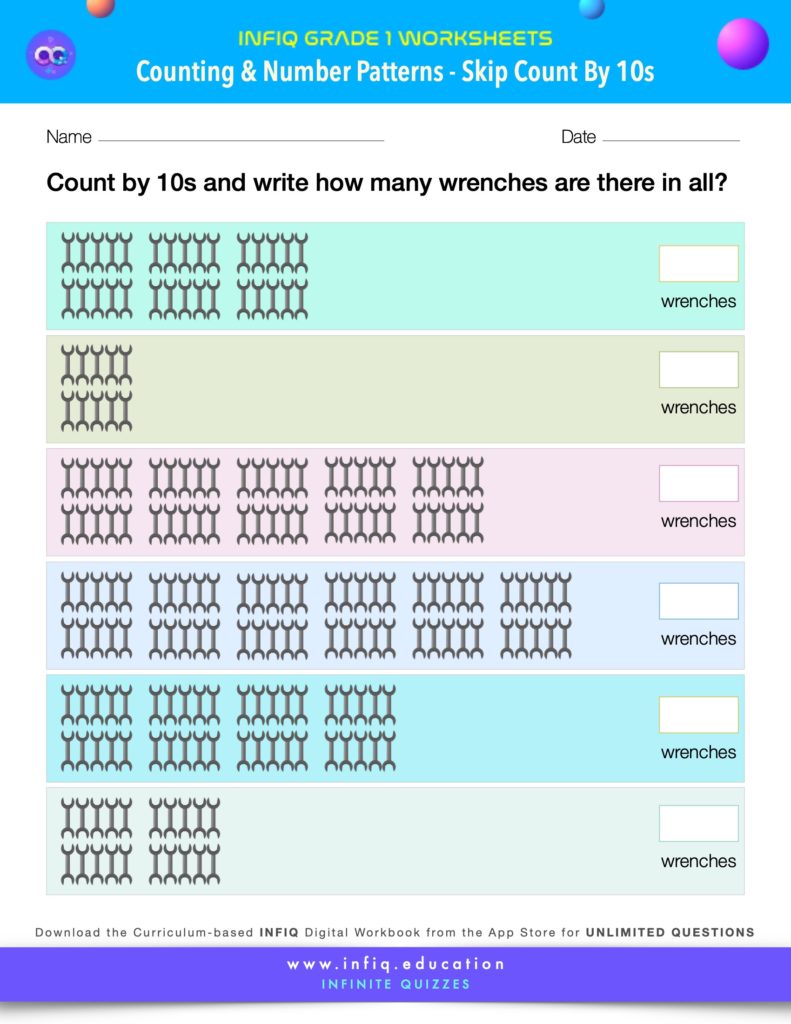 Grade 1 Math Worksheet - Counting & Number Patterns - Skip Count By Tens (using models)