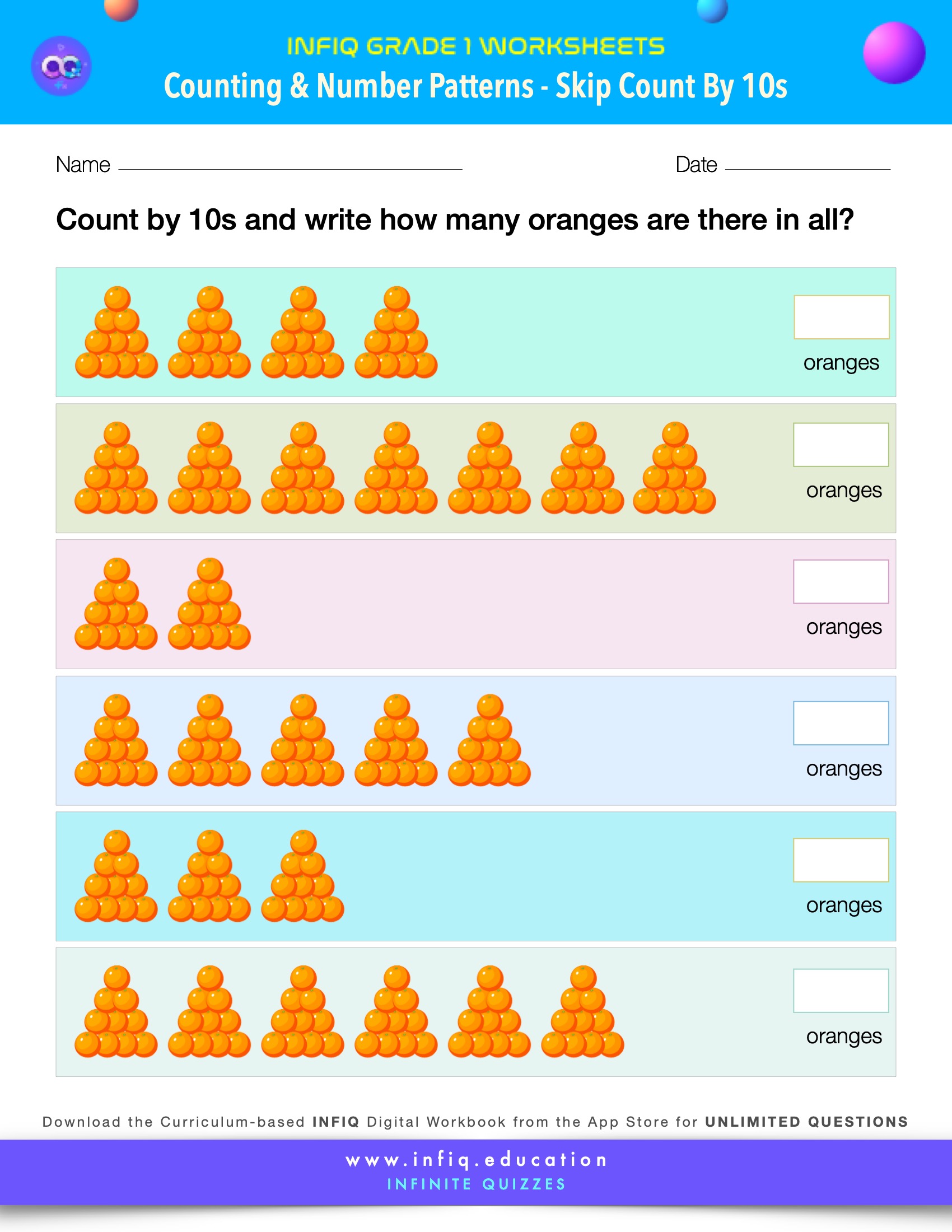 Grade 1 Math Worksheet - Counting & Number Patterns - Skip Count By 10s (using models)