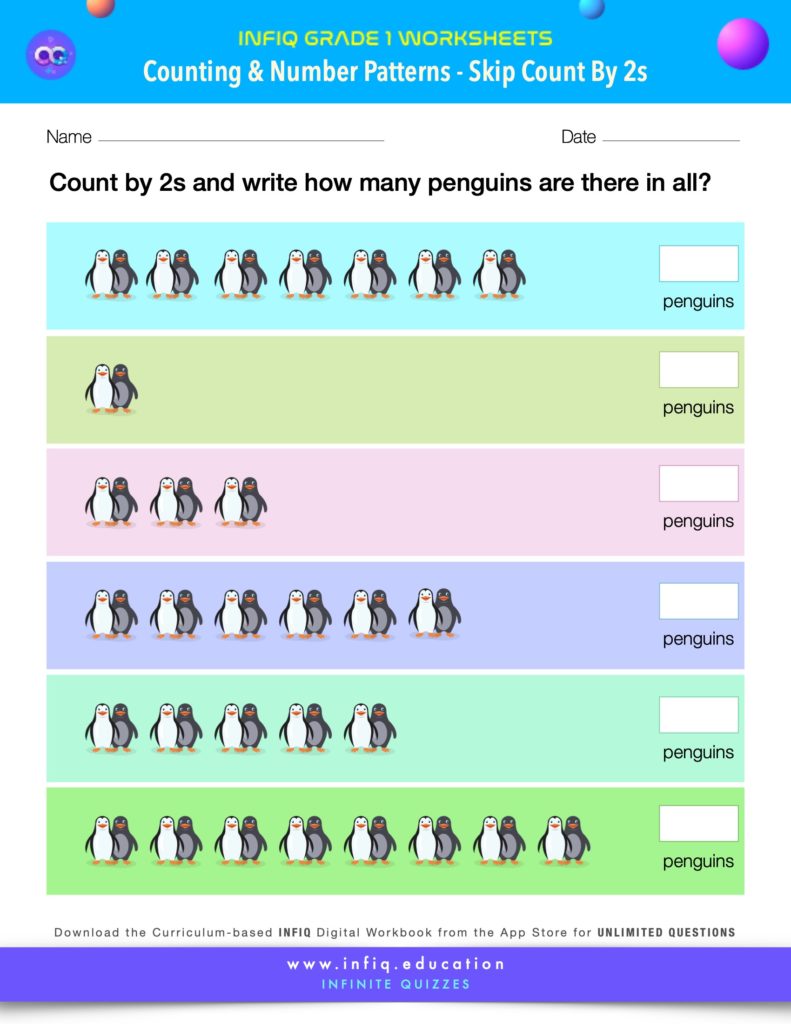 Grade 1 Math Worksheet - Counting & Number Patterns - Skip Count By 2s (using models)