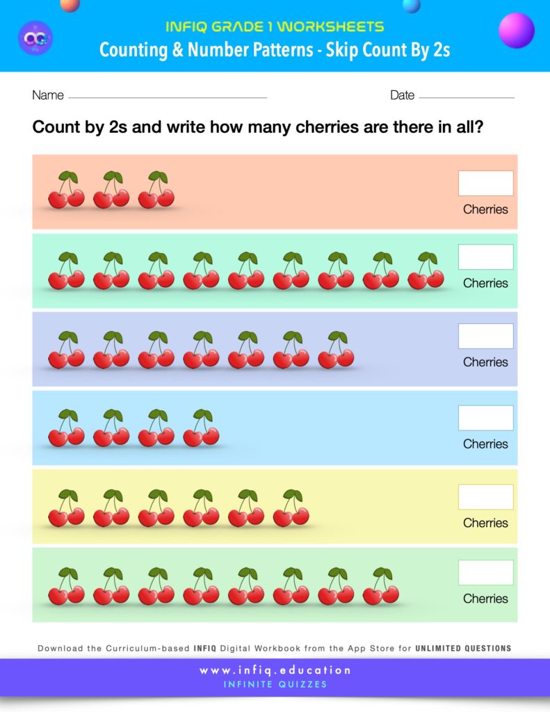 Grade 1 Math Worksheet - Counting & Number Patterns - Skip Count By 2s (using models)