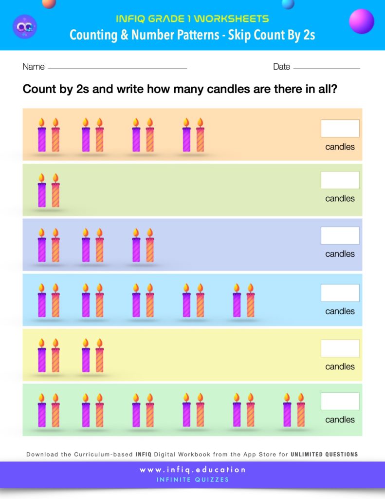 Grade 1 Math Worksheet - Counting & Number Patterns - Skip Count By 2s (using models)