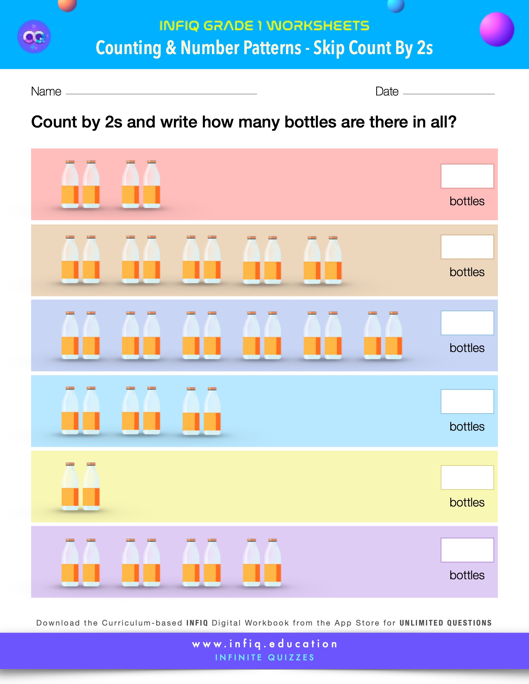 Grade 1 Math Worksheet - Counting & Number Patterns - Skip Count By 2s (using models)