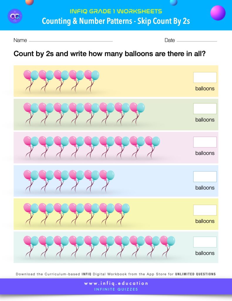 Grade 1 Math Worksheet - Counting & Number Patterns - Skip Count By 2s (using models)