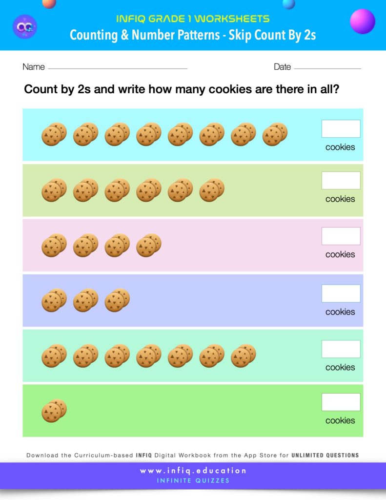Grade 1 Math Worksheet - Counting & Number Patterns - Skip Count By 2s (using models)
