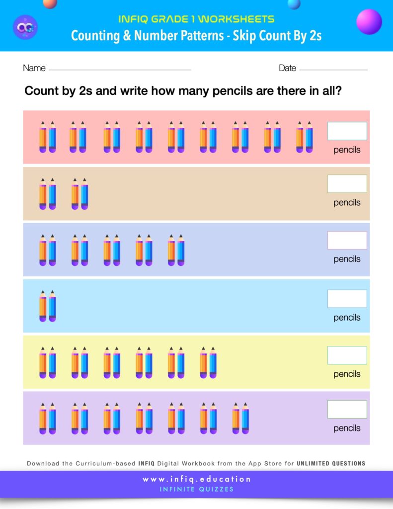 Grade 1 Math Worksheet - Counting & Number Patterns - Skip Count By 2s (using models)
