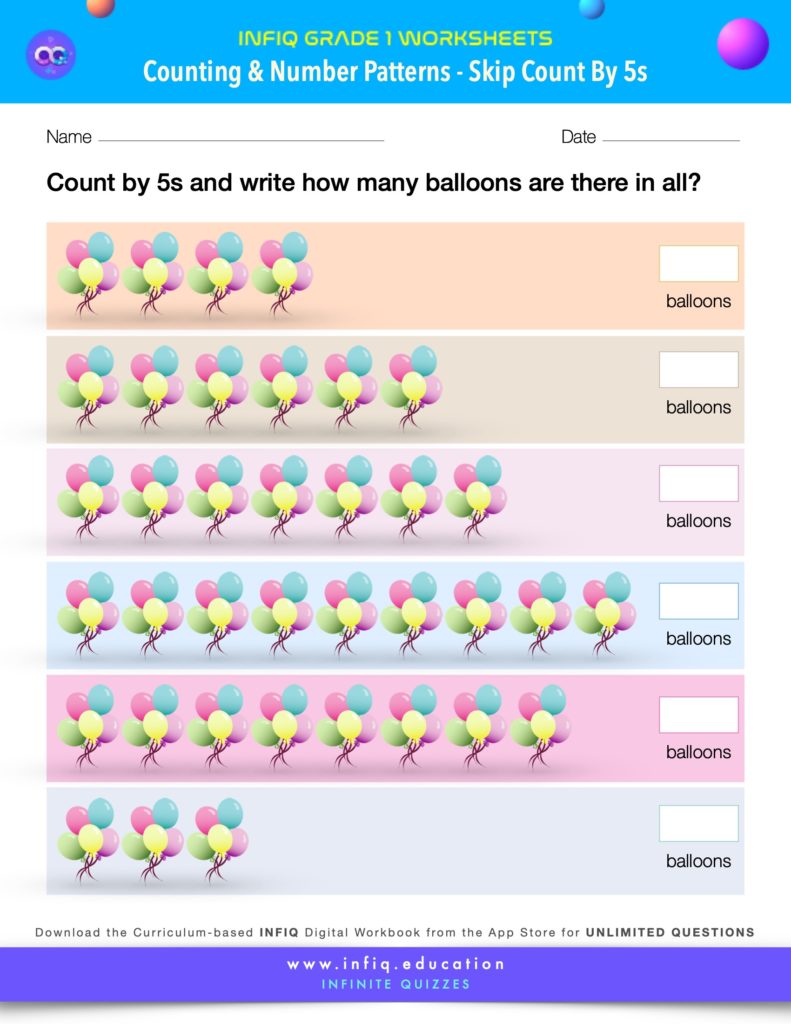 Grade 1 Math Worksheet - Counting & Number Patterns - Skip Count By 5s (using models)