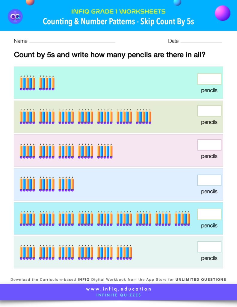 Grade 1 Math Worksheet - Counting & Number Patterns - Skip Count By 5s (using models)