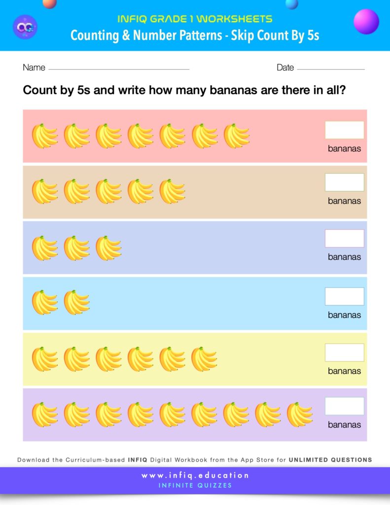 Grade 1 Math Worksheet - Counting & Number Patterns - Skip Count By 5s (using models)