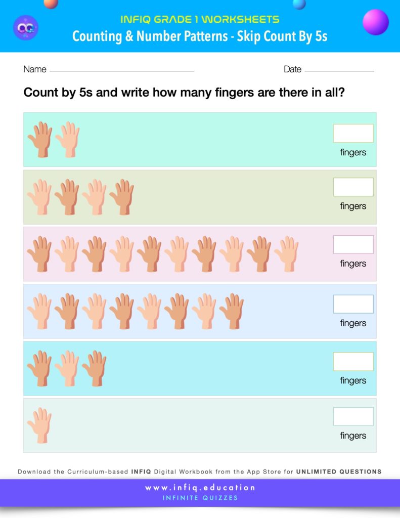 Grade 1 Math Worksheet - Counting & Number Patterns - Skip Count By 5s (using models)